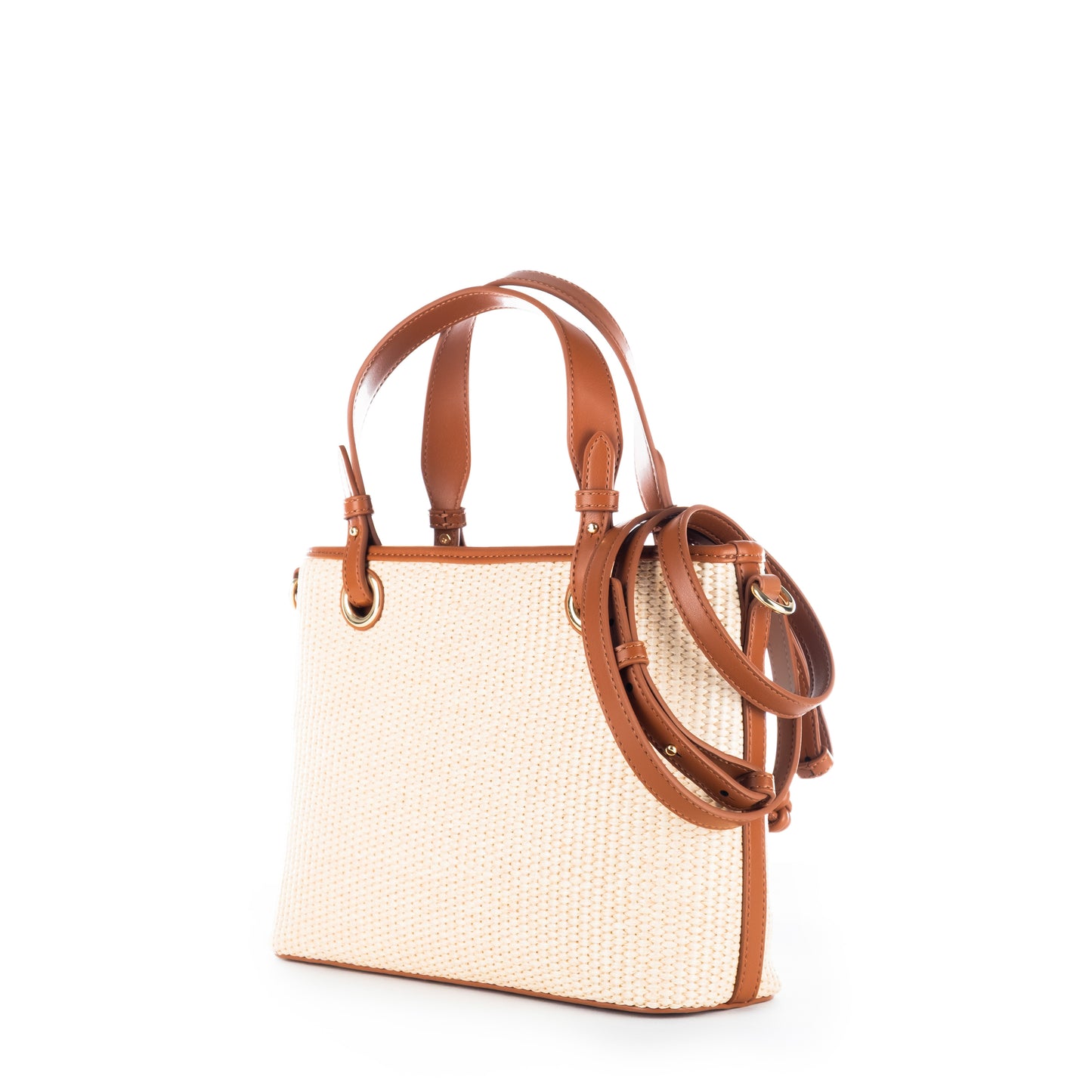 Bolsa Satchel Love Moschino Bege e Branca com Detalhes Camel e Alça Dupla