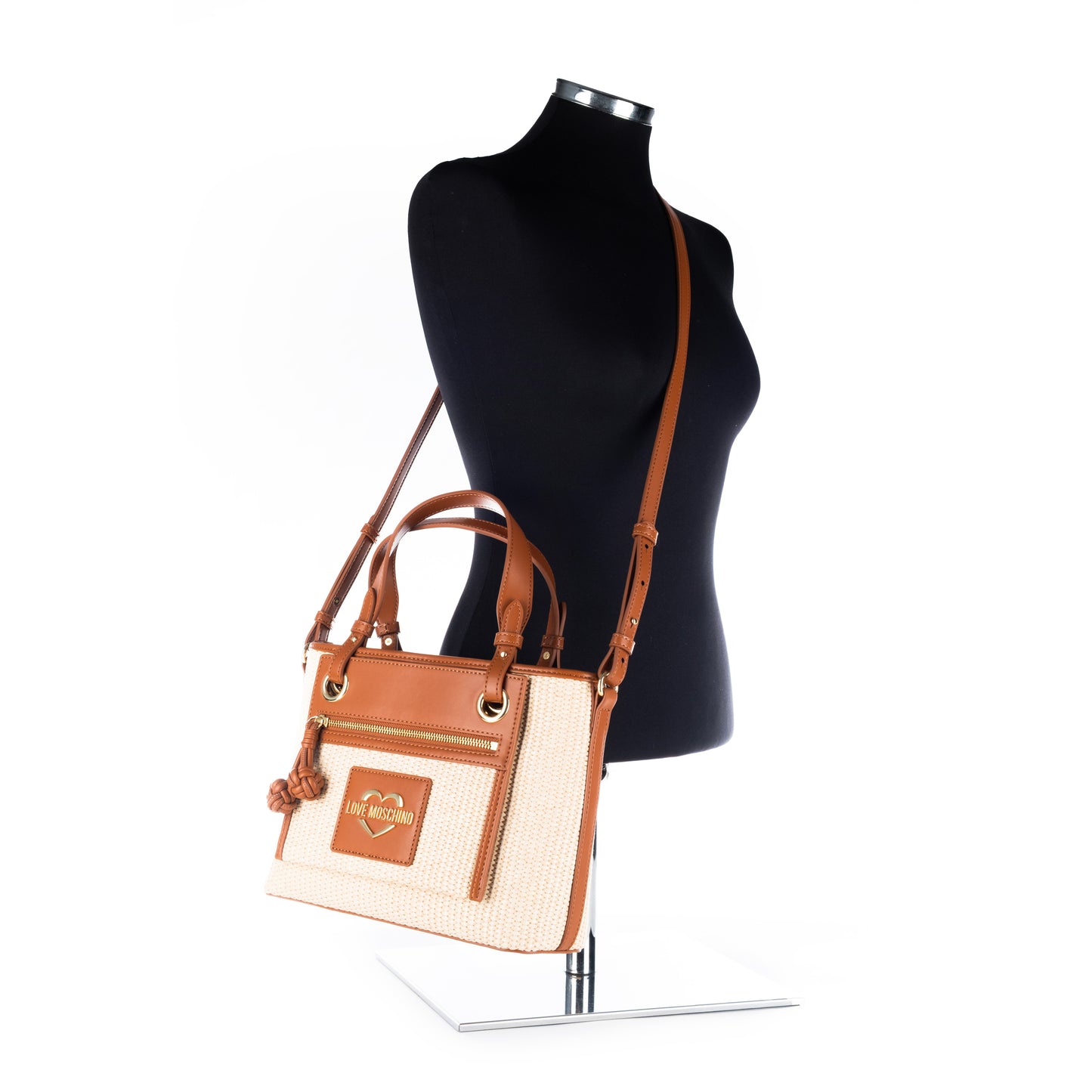 Bolsa Satchel Love Moschino Bege e Branca com Detalhes Camel e Alça Dupla