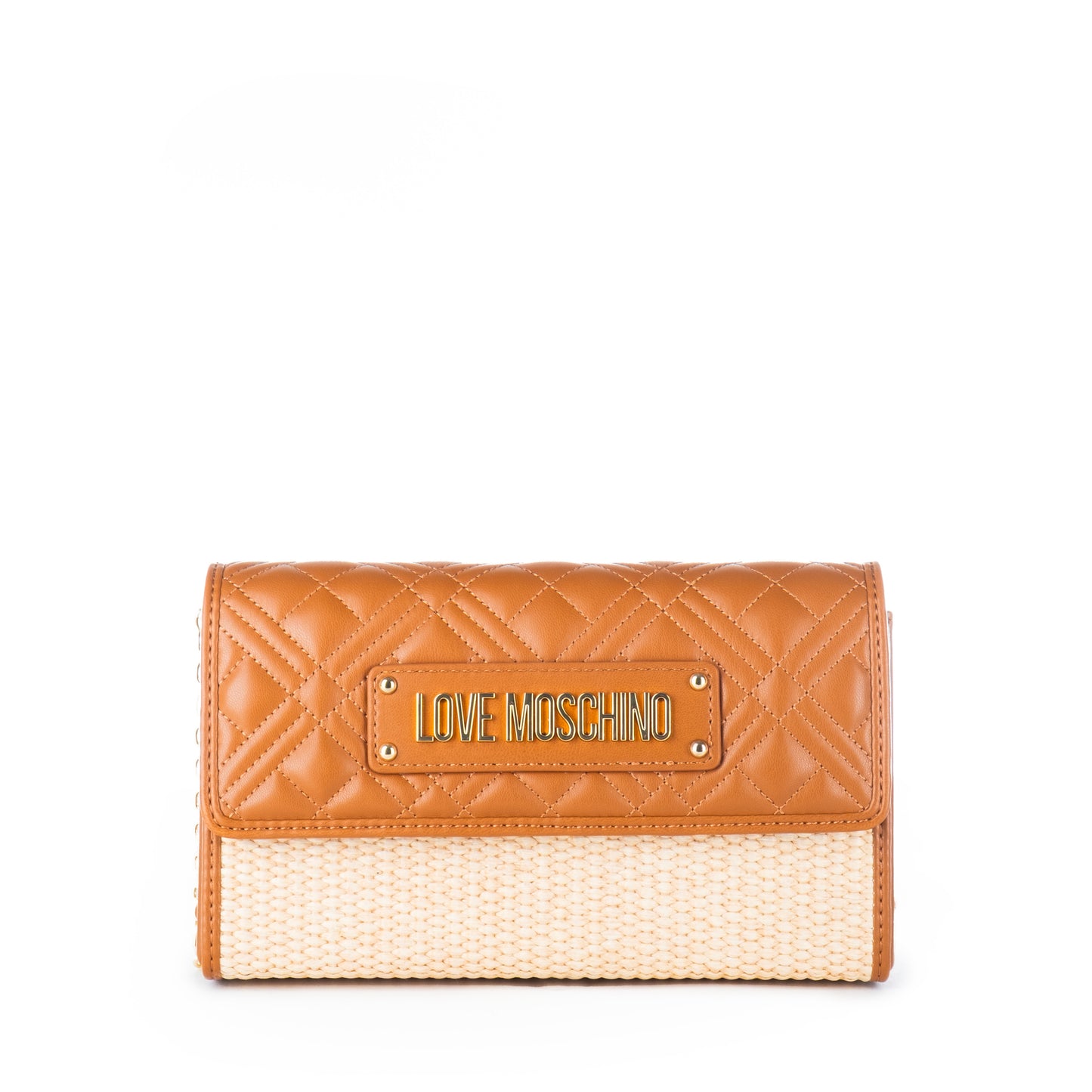 Bolsa Tiracolo Love Moschino Bicolor Bege e Castanho Matelassê com Logo Dourado e Alça Corrente