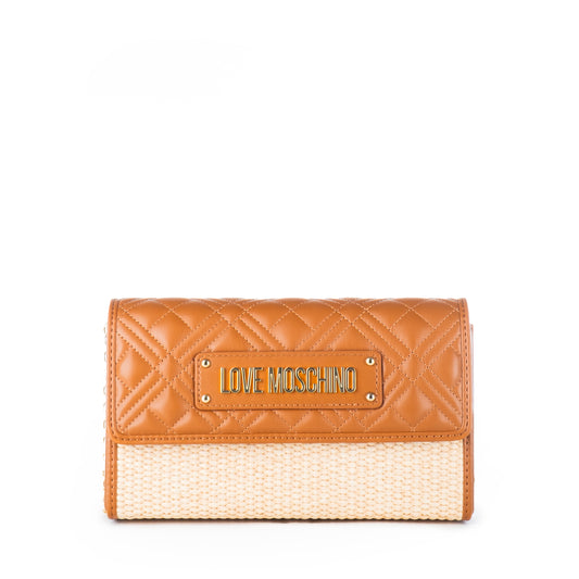 Bolsa Tiracolo Love Moschino Bicolor Bege e Castanho Matelassê com Logo Dourado e Alça Corrente