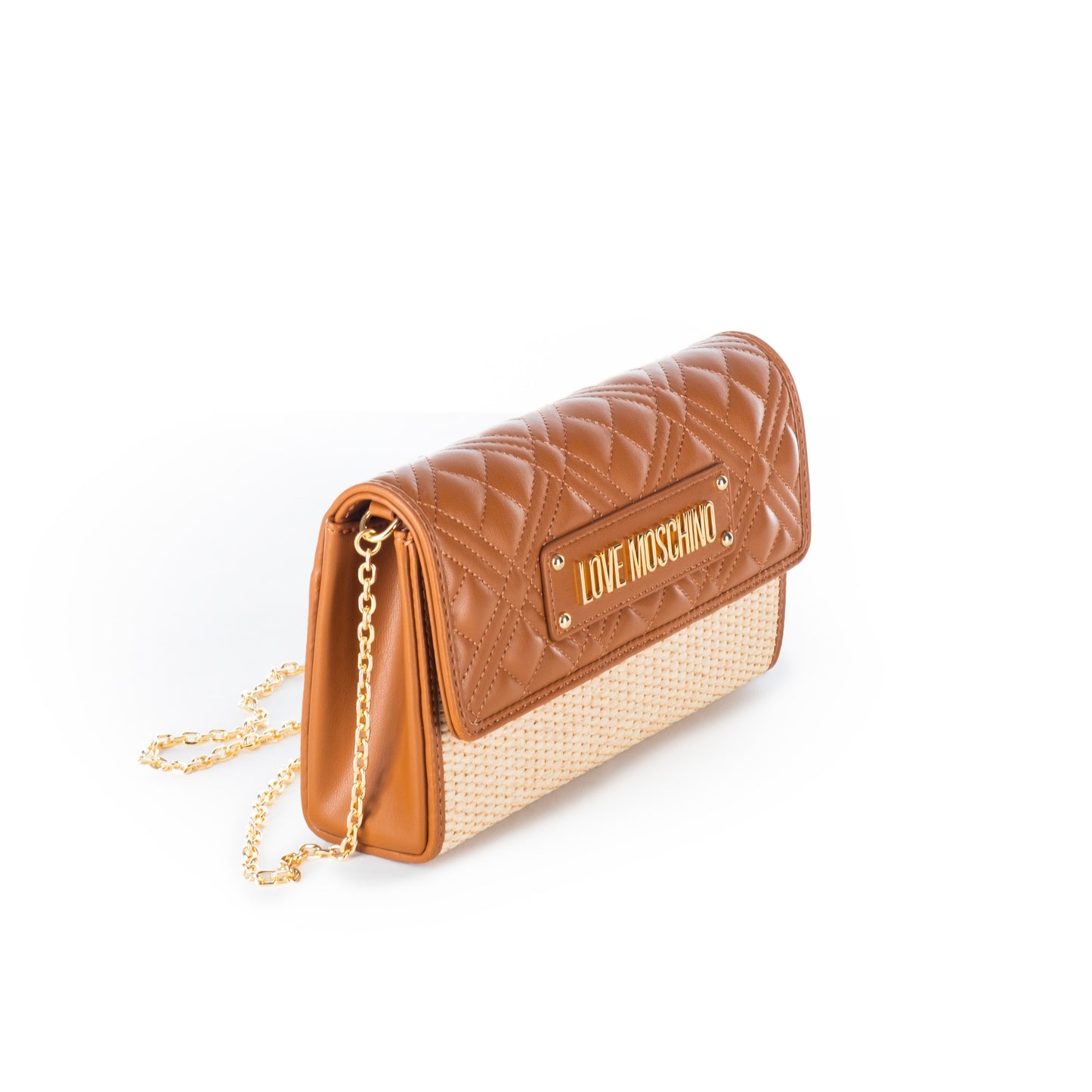 Bolsa Tiracolo Love Moschino Bicolor Bege e Castanho Matelassê com Logo Dourado e Alça Corrente