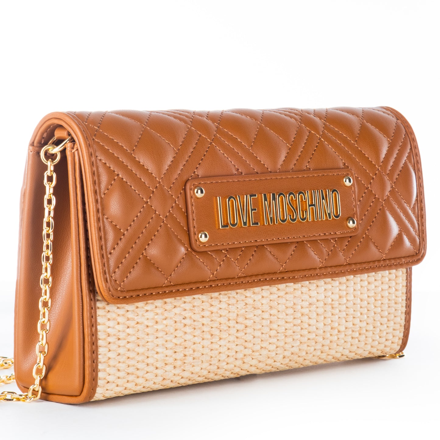 Bolsa Tiracolo Love Moschino Bicolor Bege e Castanho Matelassê com Logo Dourado e Alça Corrente