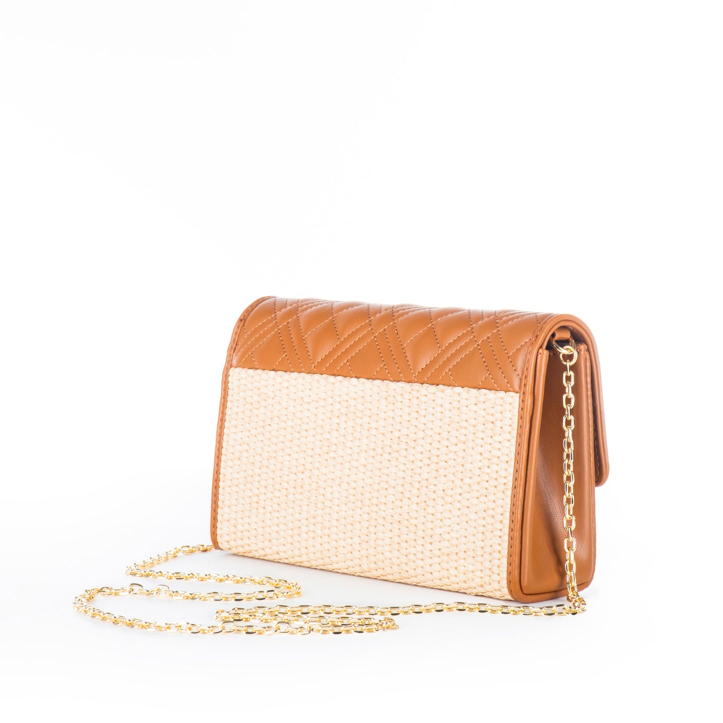 Bolsa Tiracolo Love Moschino Bicolor Bege e Castanho Matelassê com Logo Dourado e Alça Corrente