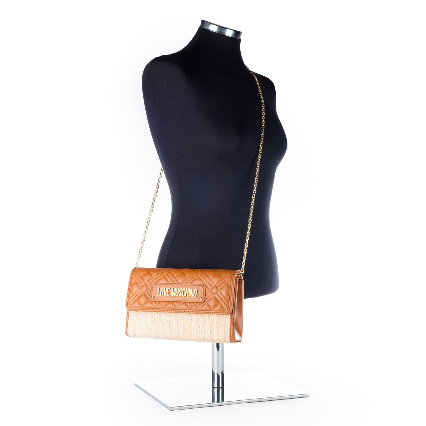 Bolsa Tiracolo Love Moschino Bicolor Bege e Castanho Matelassê com Logo Dourado e Alça Corrente