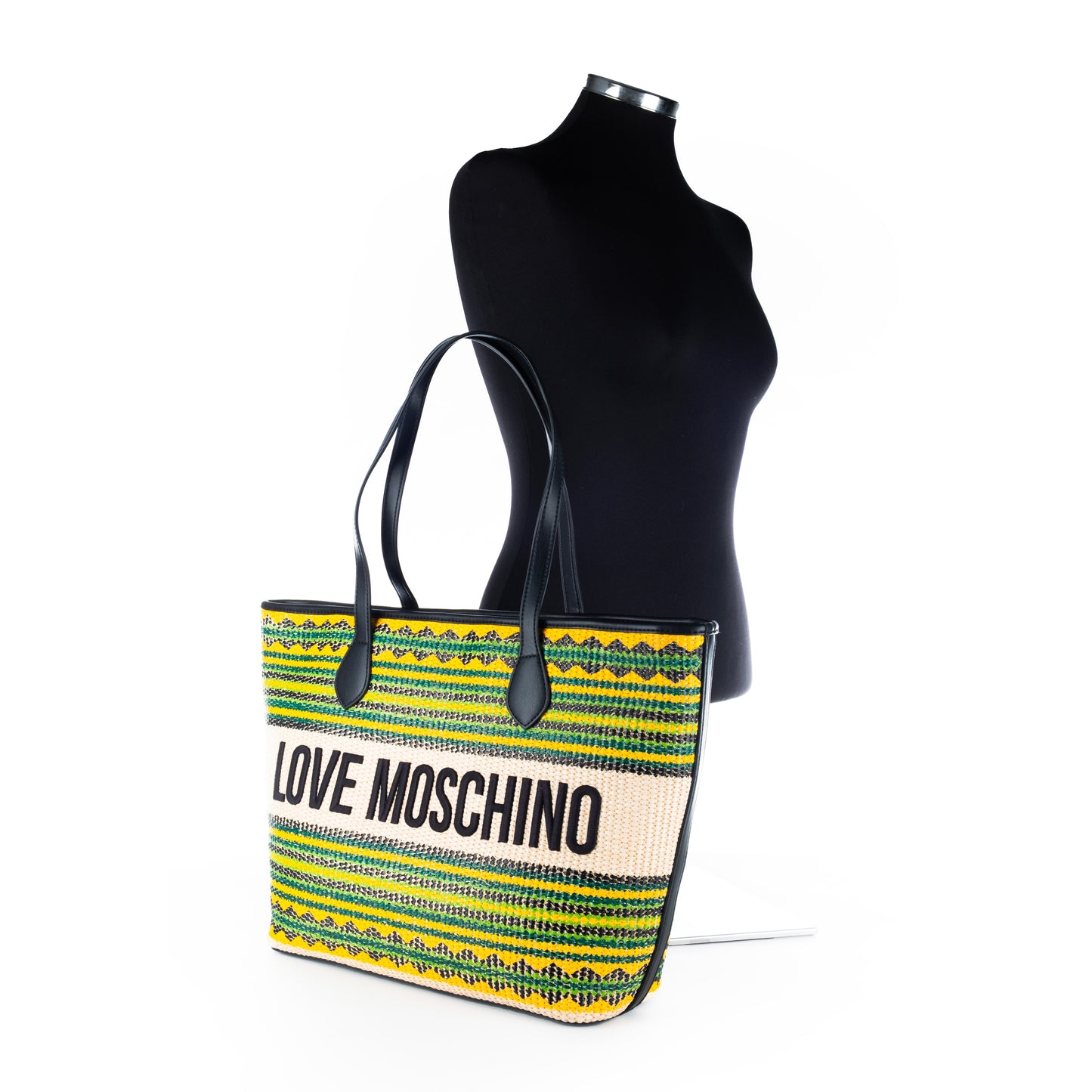 Bolsa Tote Love Moschino Multicolor com Padrão Geométrico e Logo Frontal