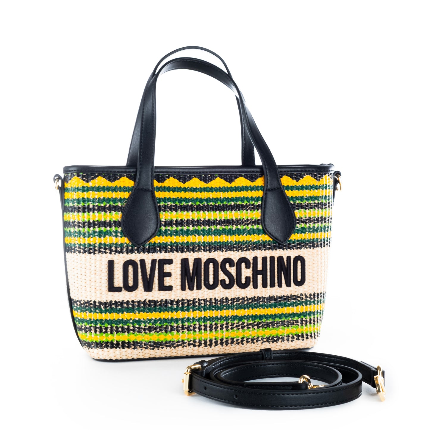 Bolsa Tote Love Moschino Multicolor com Padrão Geométrico e Logo Frontal