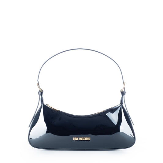 Bolsa de Ombro Love Moschino Preta Compacta com Logo Dourado e Alça Curta
