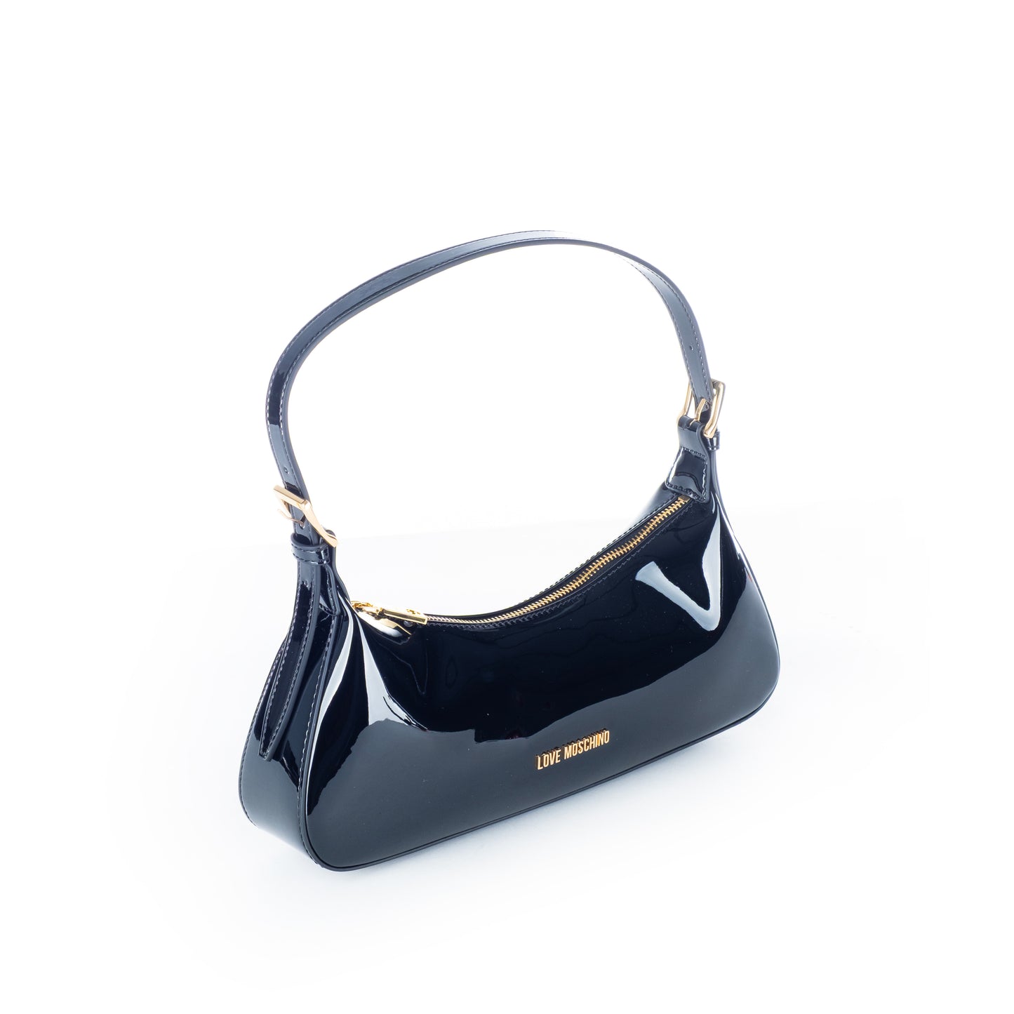 Bolsa de Ombro Love Moschino Preta Compacta com Logo Dourado e Alça Curta