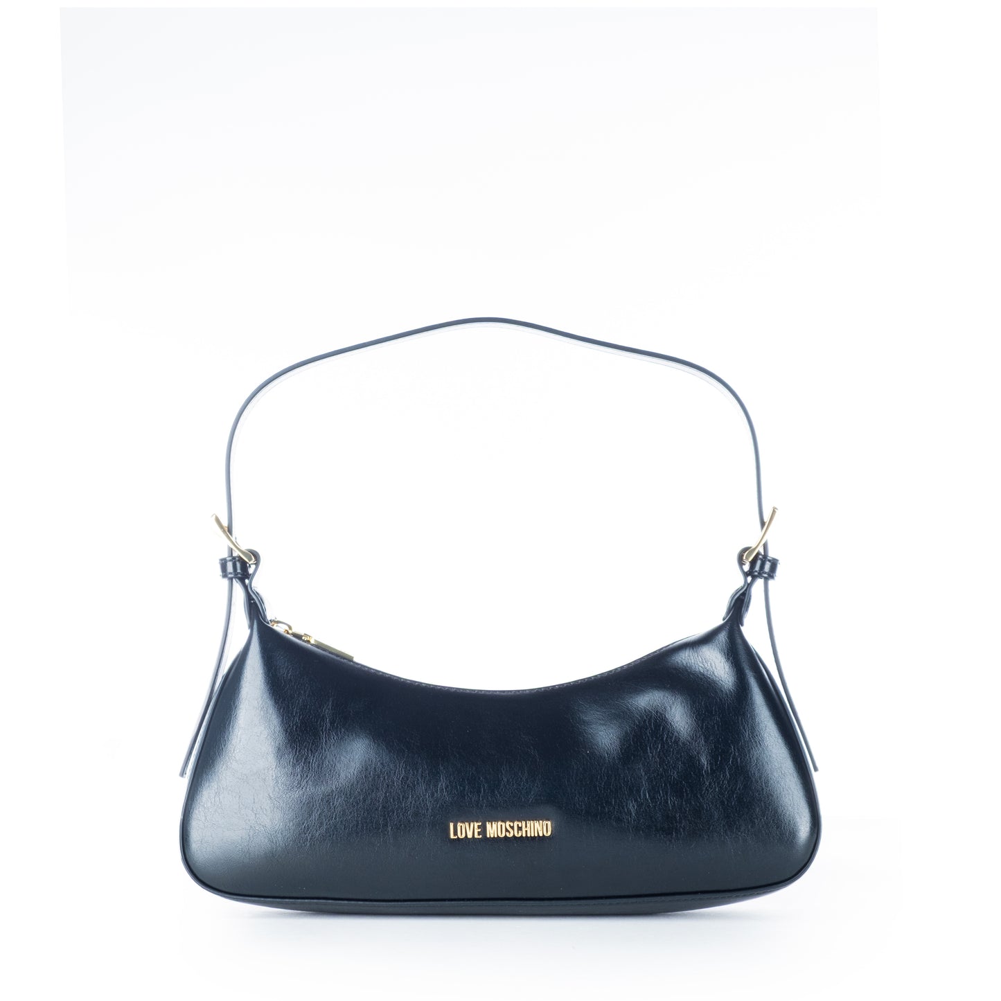 Bolsa de Ombro Love Moschino Preta Verniz com Logo Dourado e Alça Curta