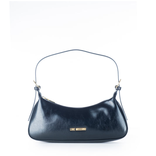 Bolsa de Ombro Love Moschino Preta Verniz com Logo Dourado e Alça Curta