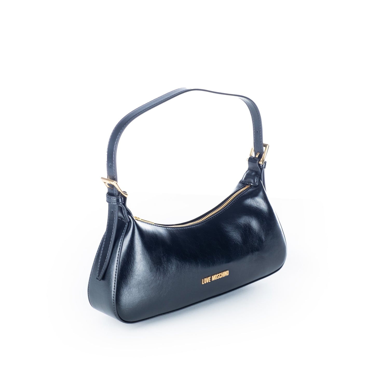 Bolsa de Ombro Love Moschino Preta Verniz com Logo Dourado e Alça Curta