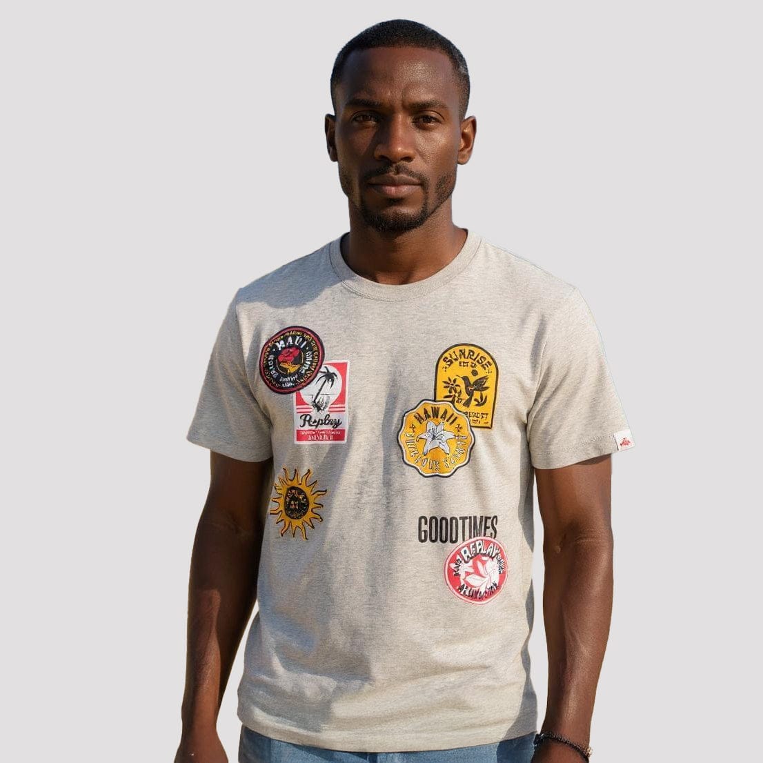 T-Shirt Homem Replay Cinzenta com Patches