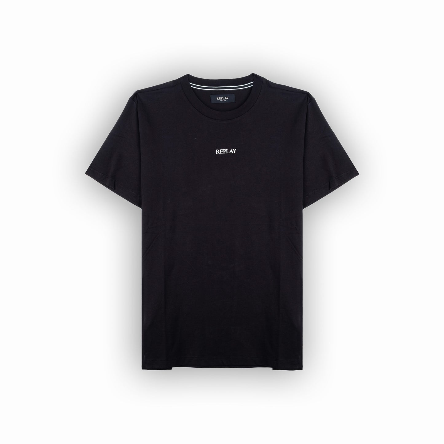 T-shirt Homem Replay Preto Minimalista com Logo Frontal em Algodão