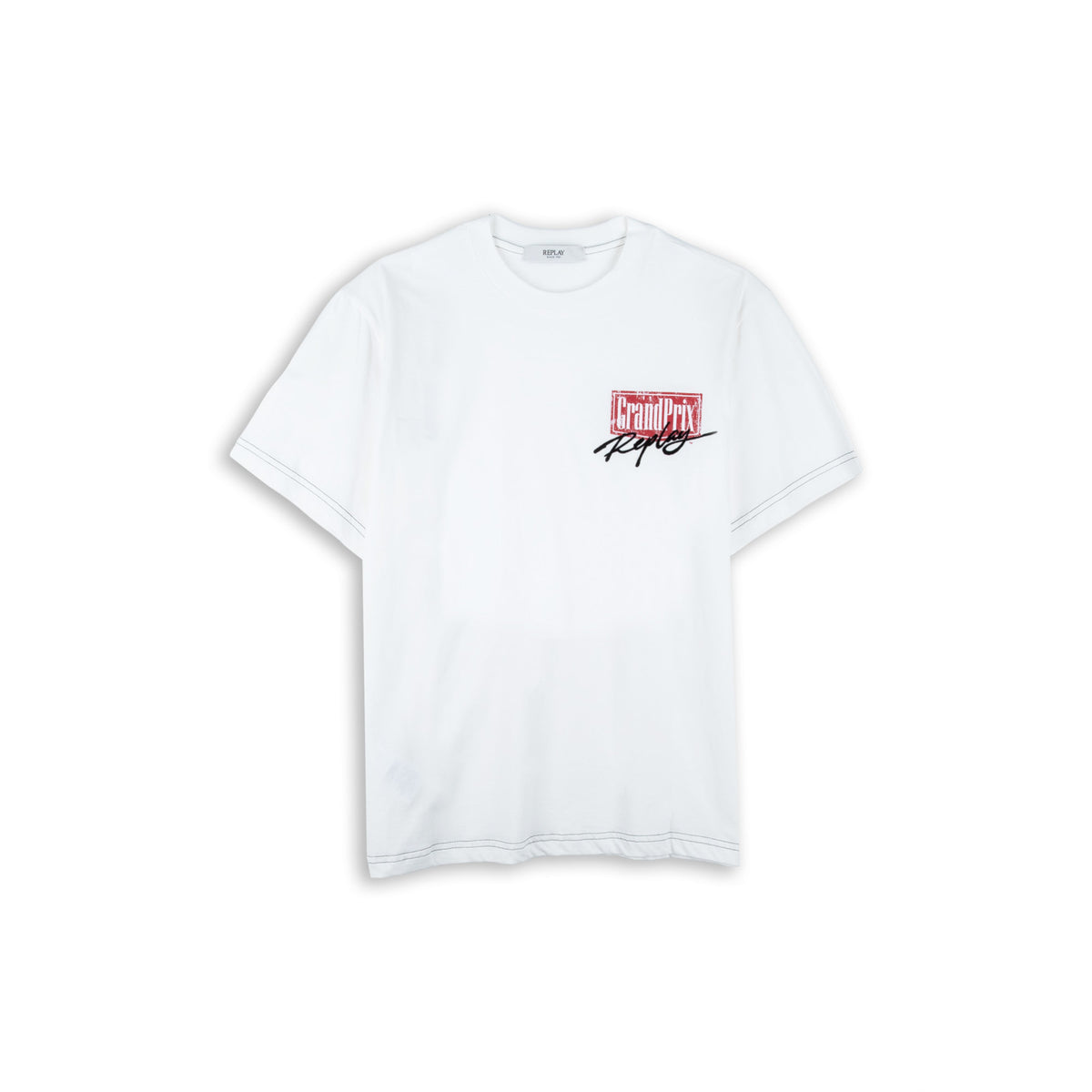 T-Shirt Homem Replay Branca com Grafismo Grand Prix