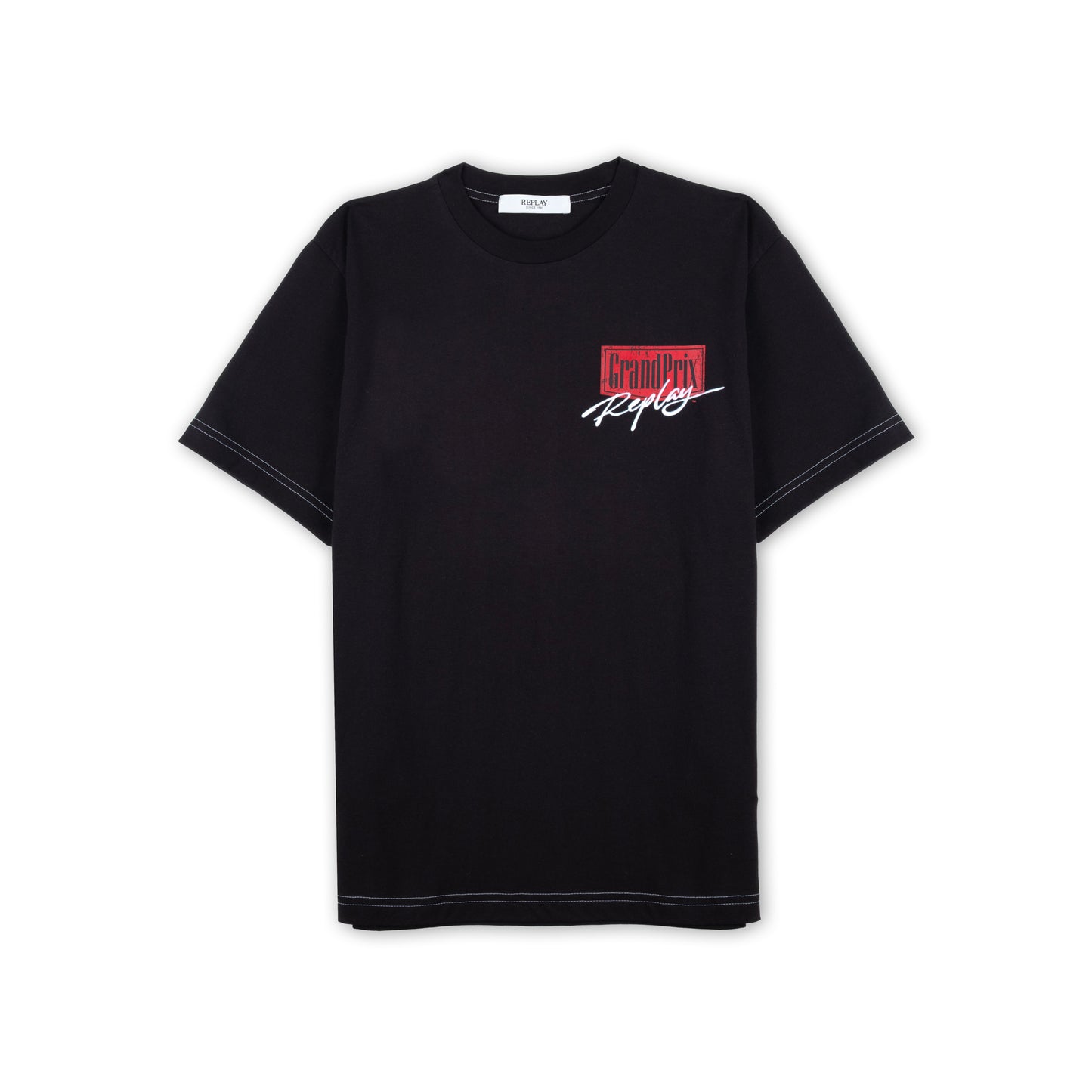 T-shirt Homem Replay Preto com Estampa Frontal Vermelha em Algodão