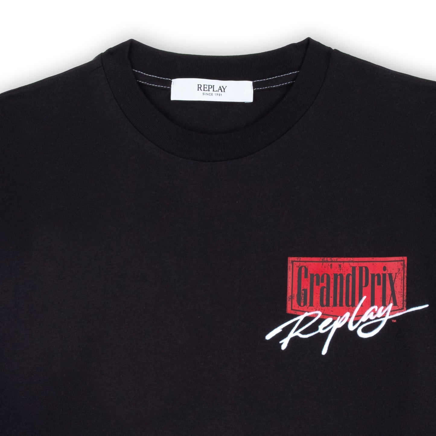 T-shirt Homem Replay Preto com Estampa Frontal Vermelha em Algodão