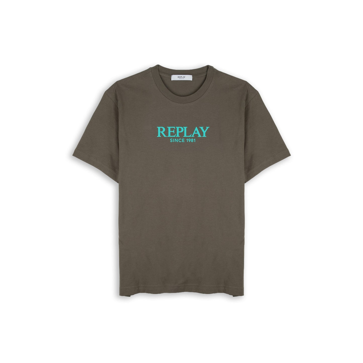 T-Shirt Homem Replay Verde Caqui com Logótipo Frontal Turquesa