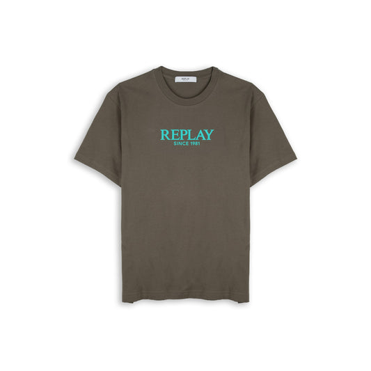 T-Shirt Homem Replay Verde Caqui com Logótipo Frontal Turquesa