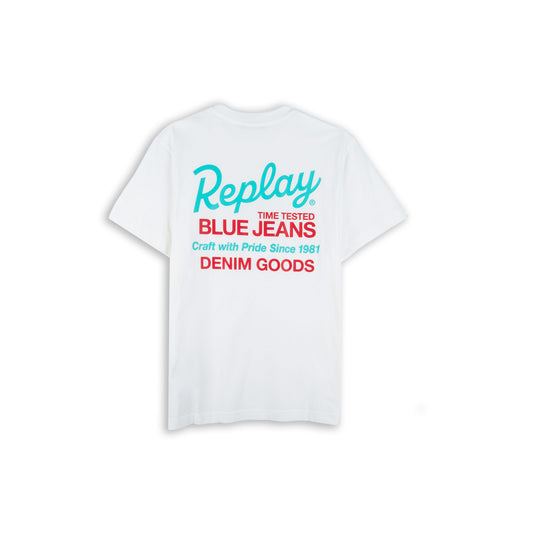 T-Shirt Homem Replay Branca com Estampa Multicolor Denim Goods