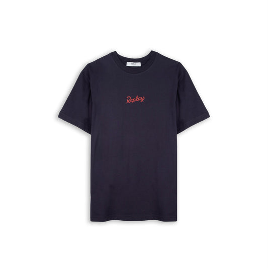 T-Shirt Homem Replay Azul Marinho com Estampa Denim Goods Vermelha e Azul