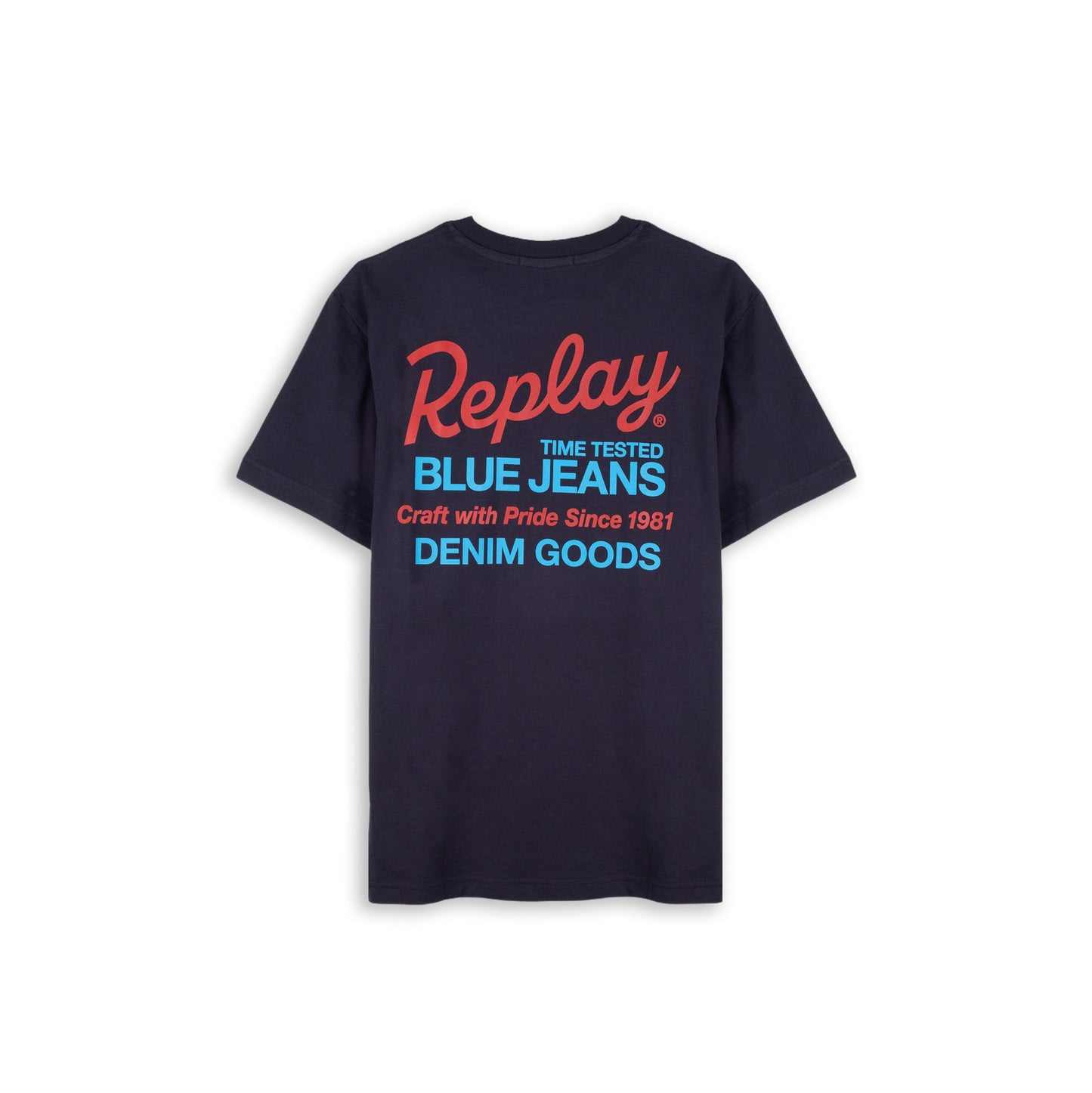 T-Shirt Homem Replay Azul Marinho com Estampa Denim Goods Vermelha e Azul
