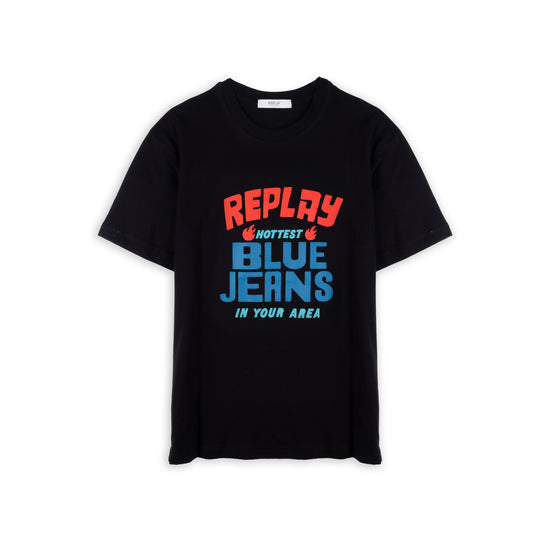 T-Shirt Homem Replay Preta com Estampado Frontal Azul e Vermelho