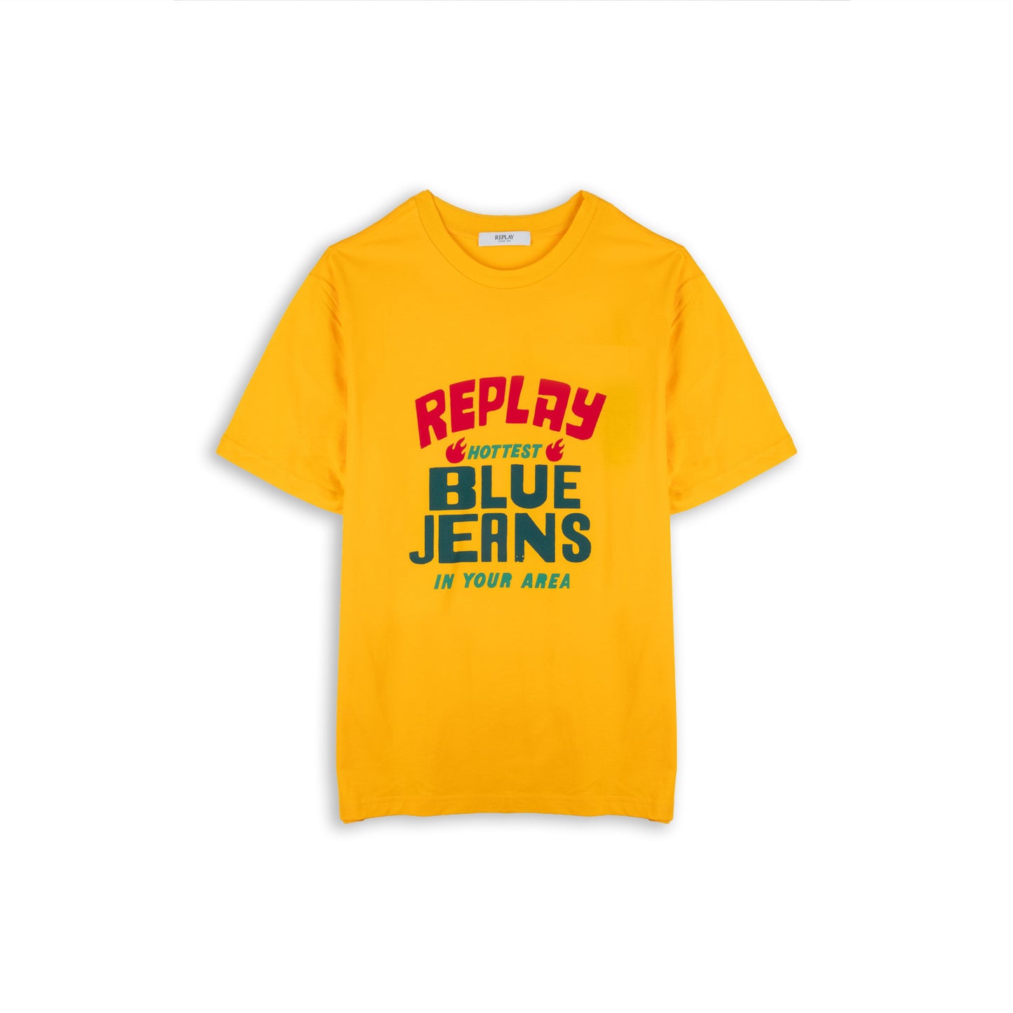 T-Shirt Homem Replay Amarela com Estampado Frontal Azul e Vermelho