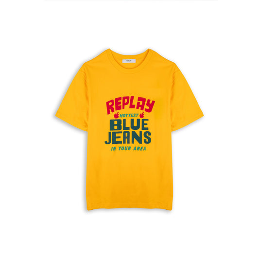 T-Shirt Homem Replay Amarela com Estampado Frontal Azul e Vermelho