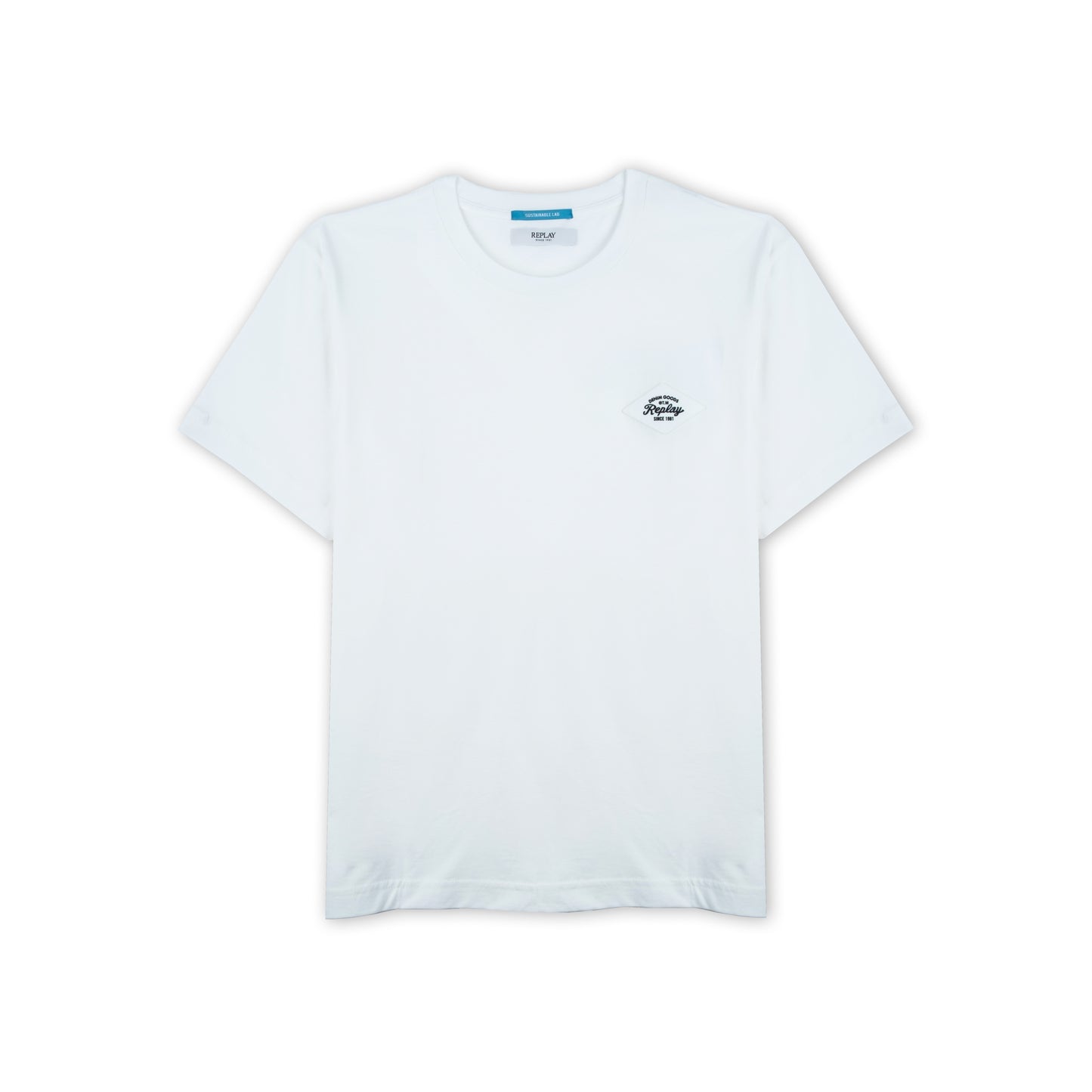 T-shirt Homem Replay Branca com Logo Bordado Minimalista no Peito