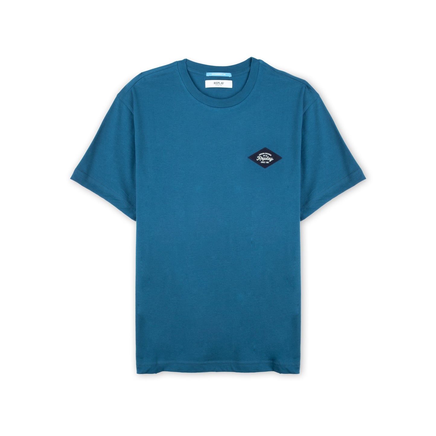 T-shirt Homem Replay Azul com Logo Bordado Minimalista no Peito