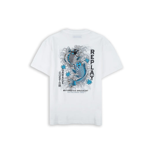 T-Shirt Homem Replay Branca com Bolso no Peito e Estampado Posterior Koi