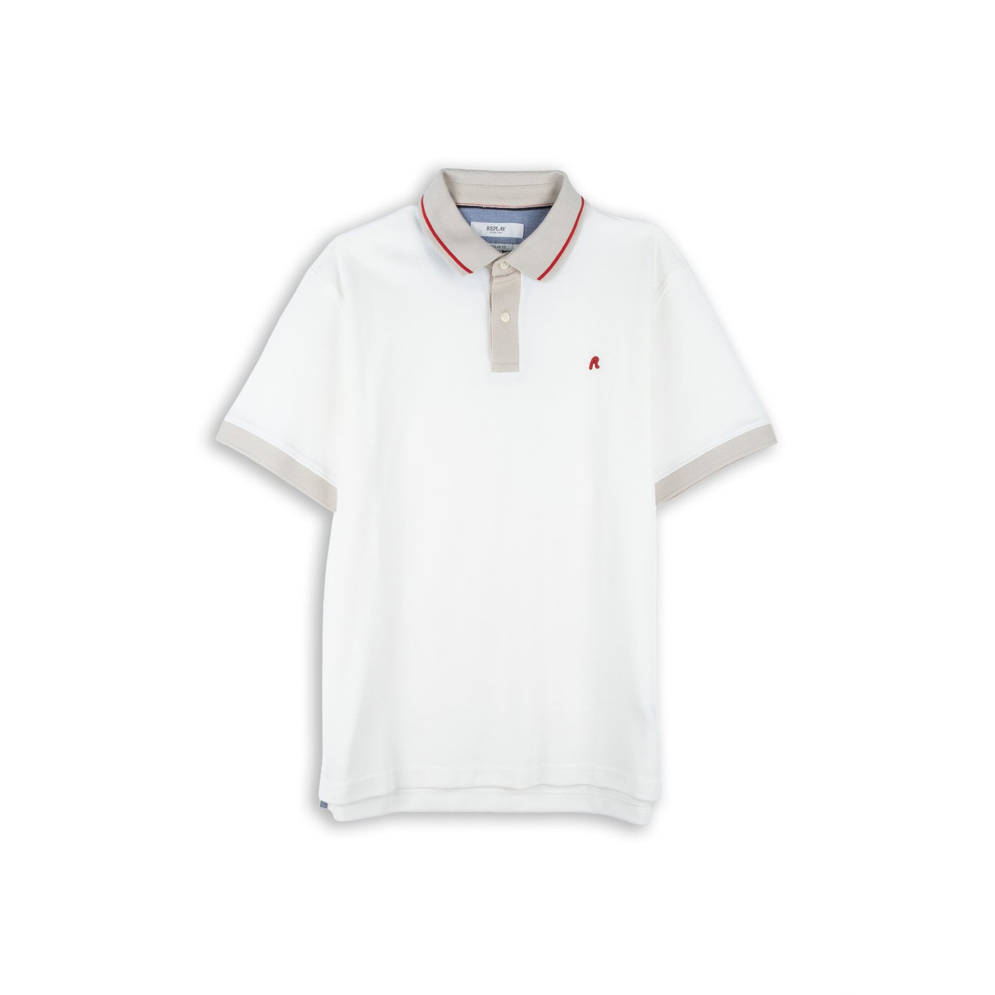 Polo Homem Replay Branco com Detalhes Bege e Logótipo Vermelho