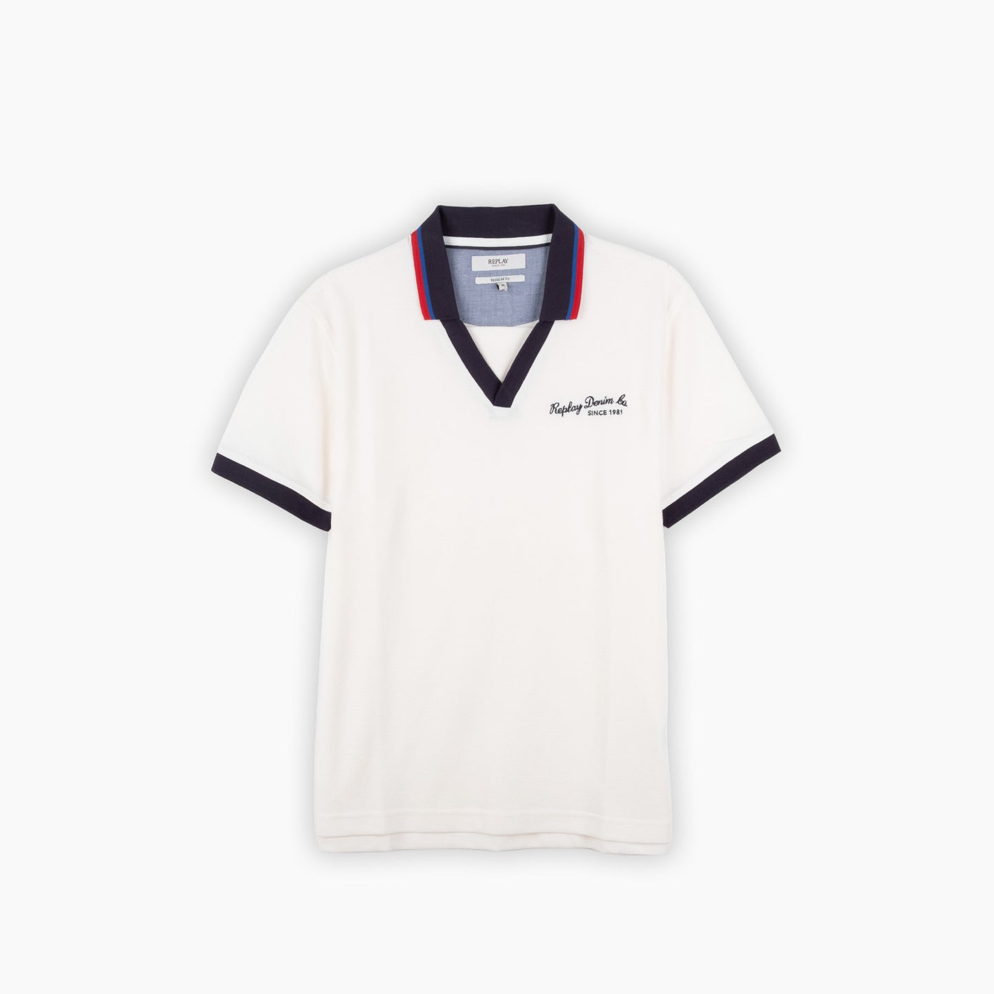 Polo Homem Replay Branco com Gola em V Contrastante