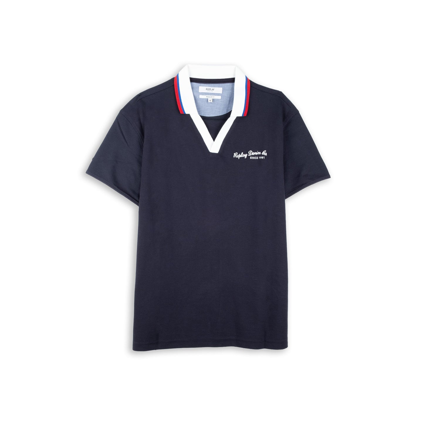 Polo Homem Replay Azul Marinho com Gola Branca e Detalhes Vermelhos