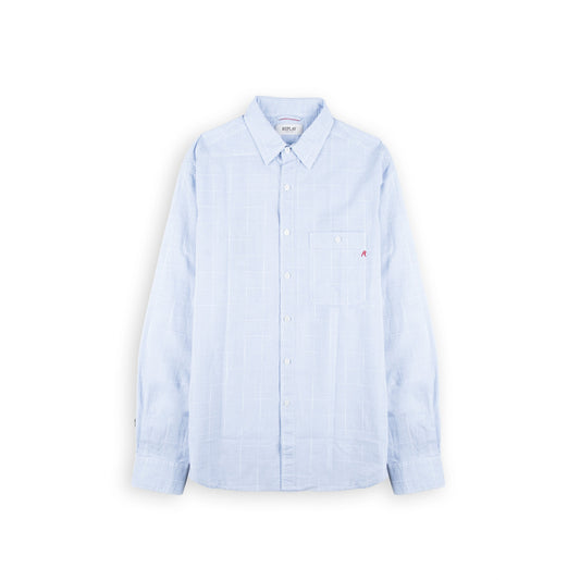 Camisa Homem Replay Azul-Clara aos Quadrados com Bolso