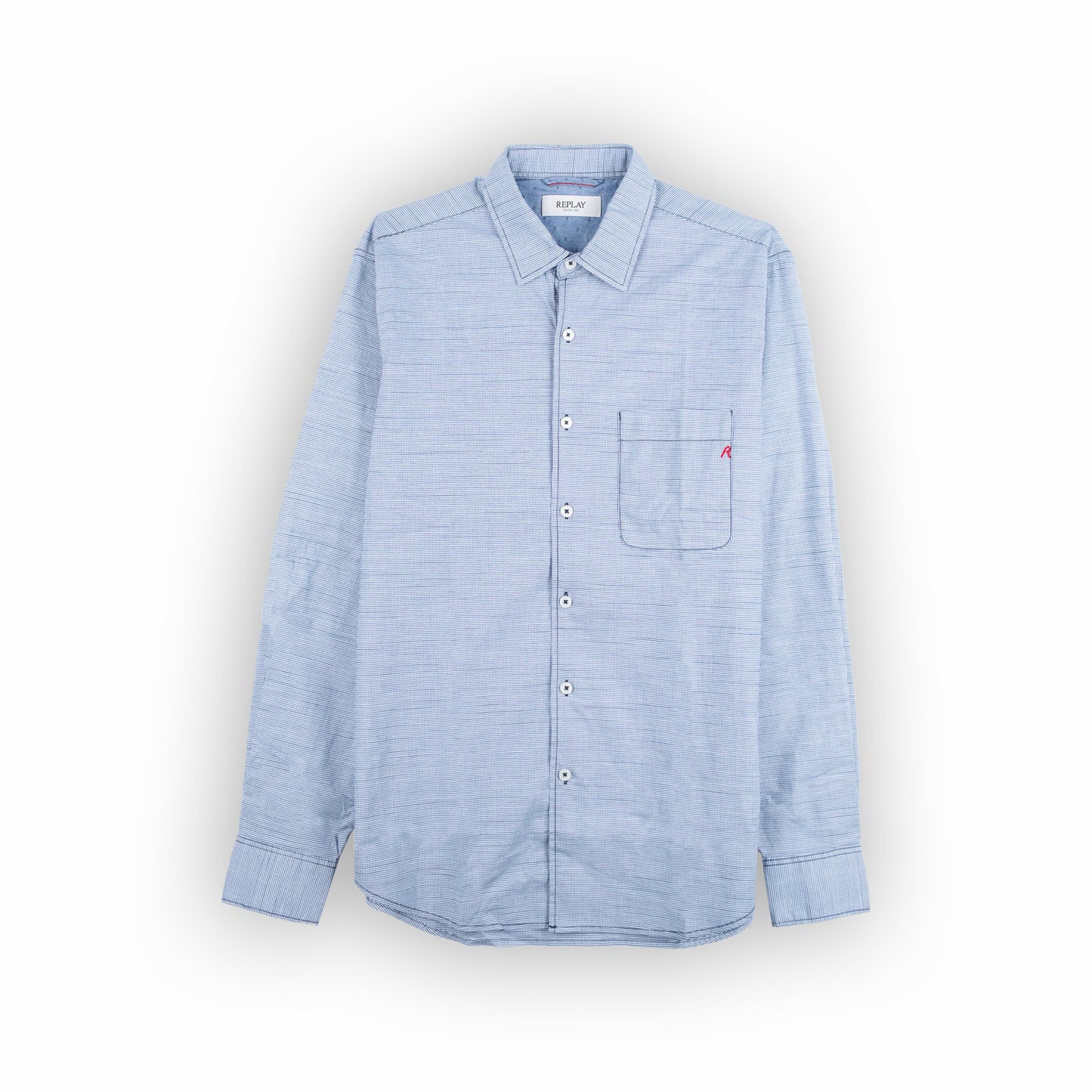 Camisa Homem Replay Azul Claro com Padrão Micro Estampado e Manga Comprida
