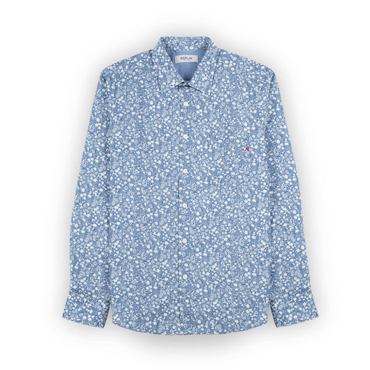 Camisa Homem Replay Azul Estampada