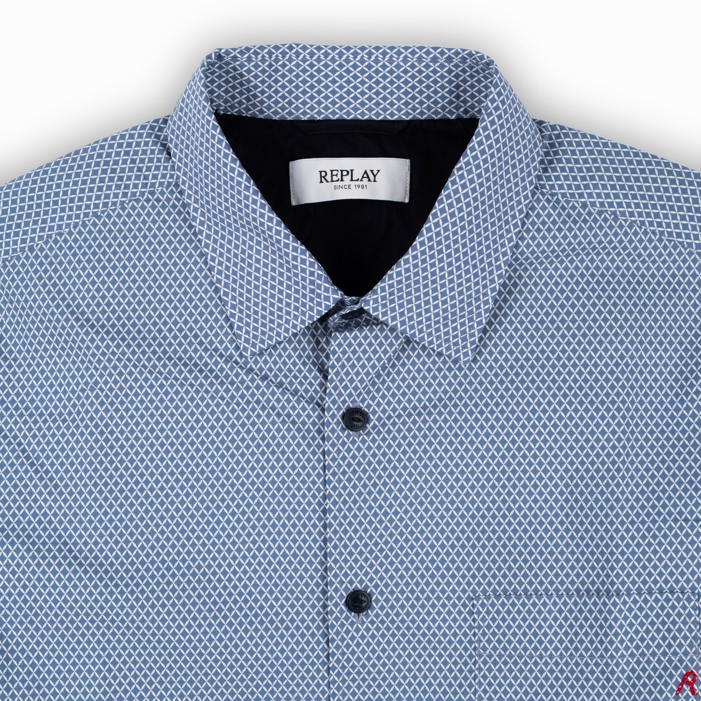 Camisa Homem Replay Azul com Padrão Geométrico, Detalhe no Bolso Frontal