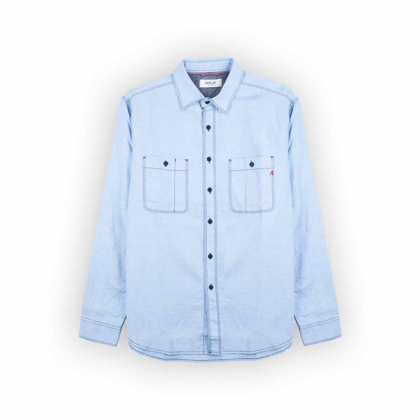Camisa Homem Replay Azul Claro Denim com Bolsos Frontais e Manga Comprida