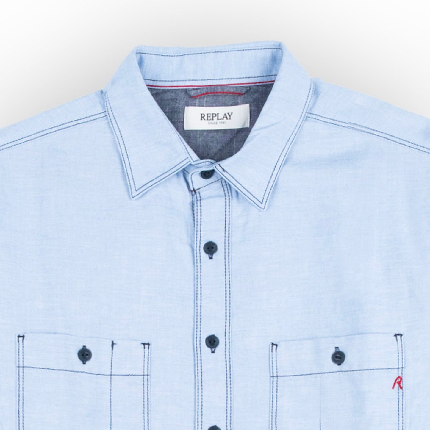 Camisa Homem Replay Azul Claro Denim com Bolsos Frontais e Manga Comprida
