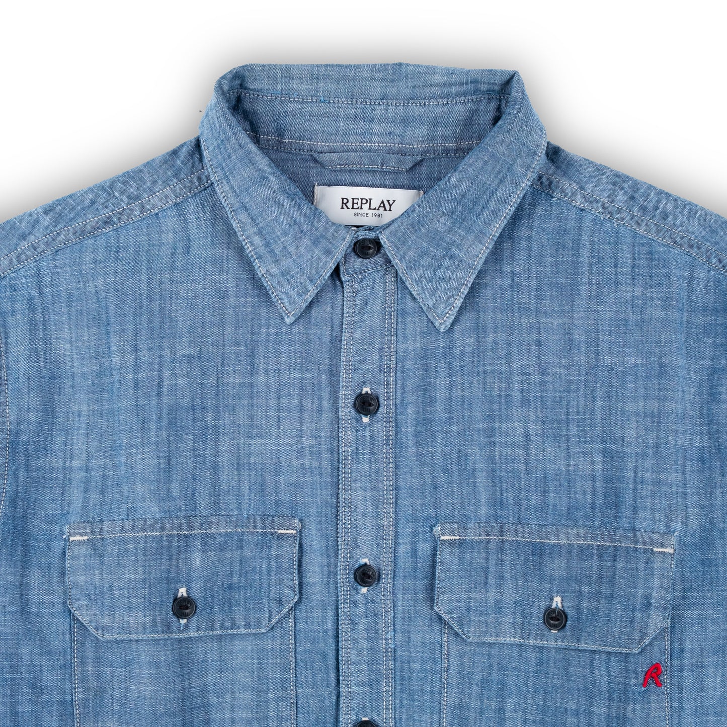 Camisa Homem Replay Azul Denim com Bolsos