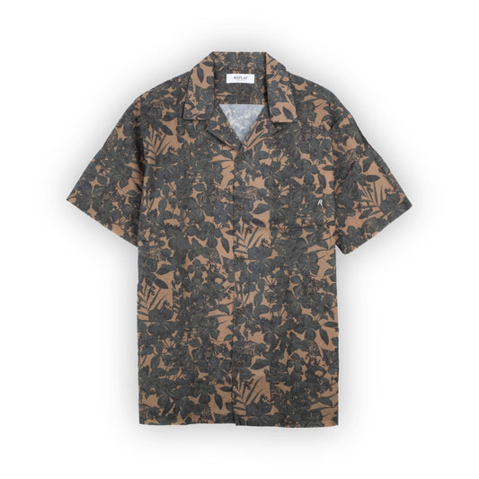 Camisa Manga Curta Homem Replay Castanha Estampada