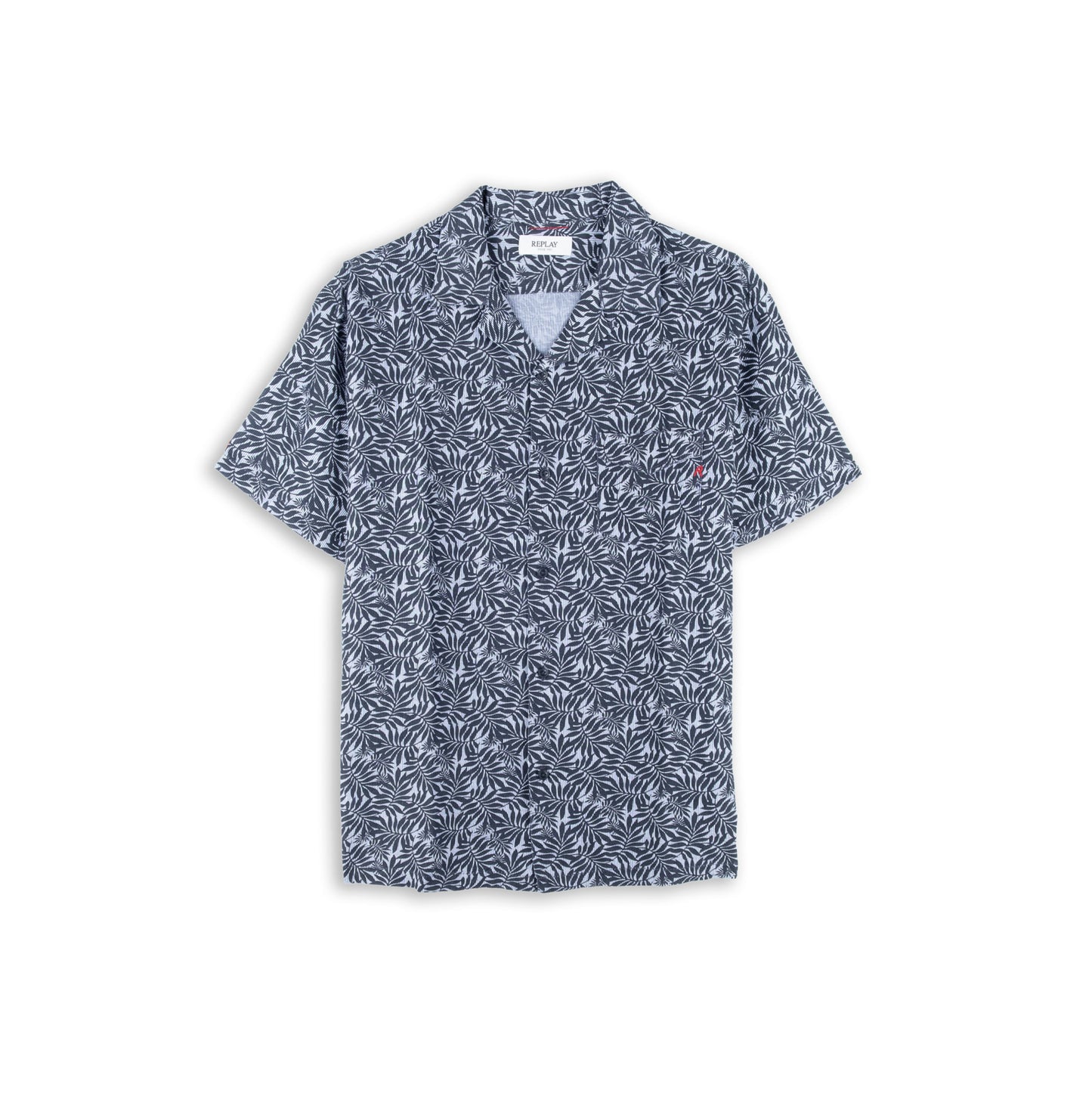 Camisa Homem Replay Azul Escuro com Padrão Tropical e Manga Curta