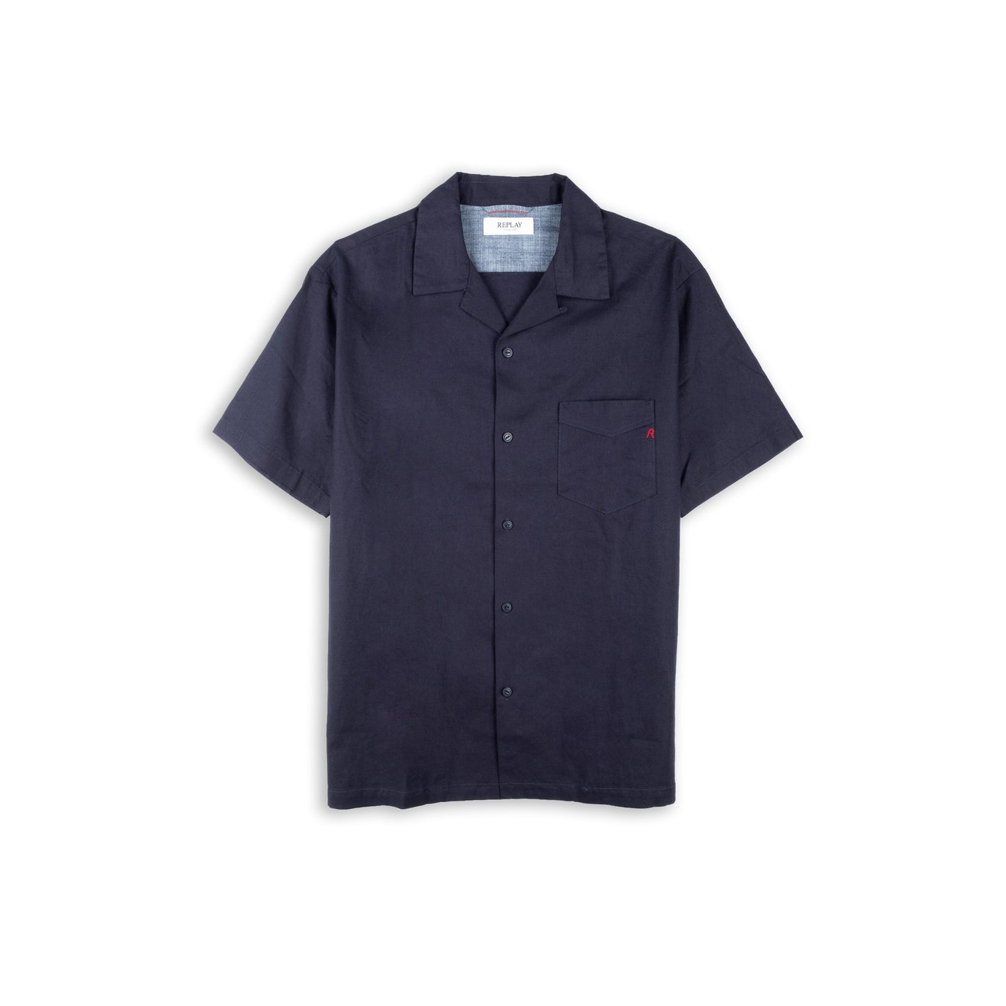 Camisa Homem Replay Azul Marinho com Bolso no Peito e Manga Curta