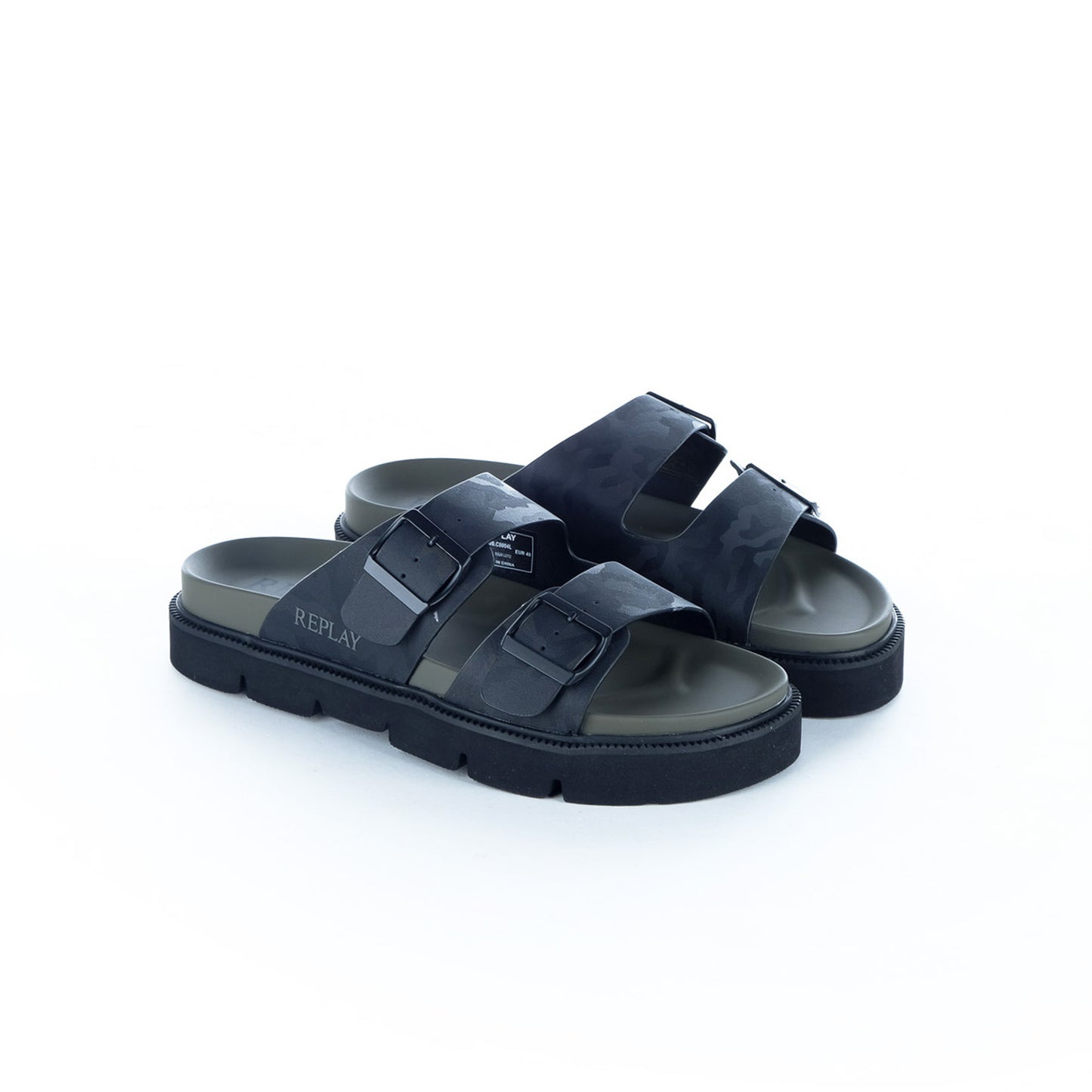 Sandálias Homem Replay Pretas com Duas Fivelas e Padrão Camuflado