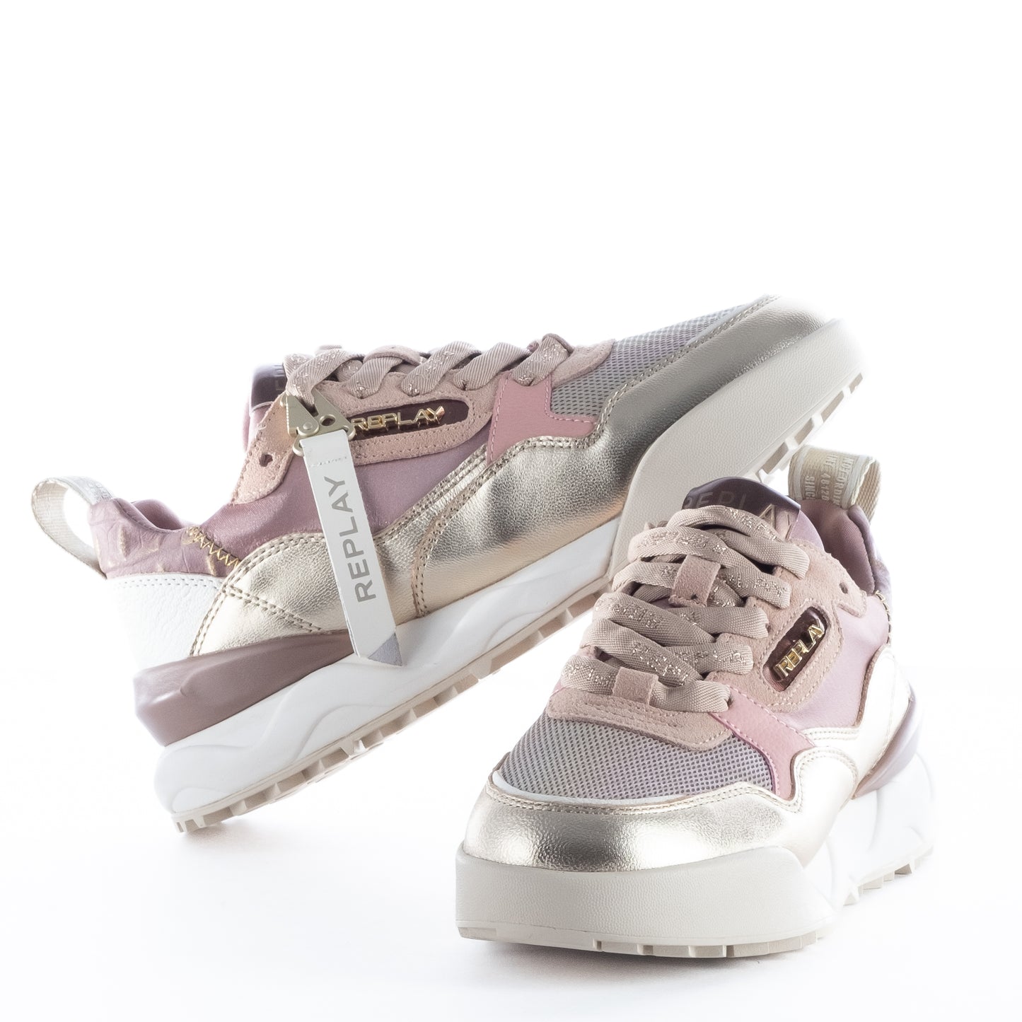 Ténis Mulher Replay Rosa e Dourado com Detalhes Modernos