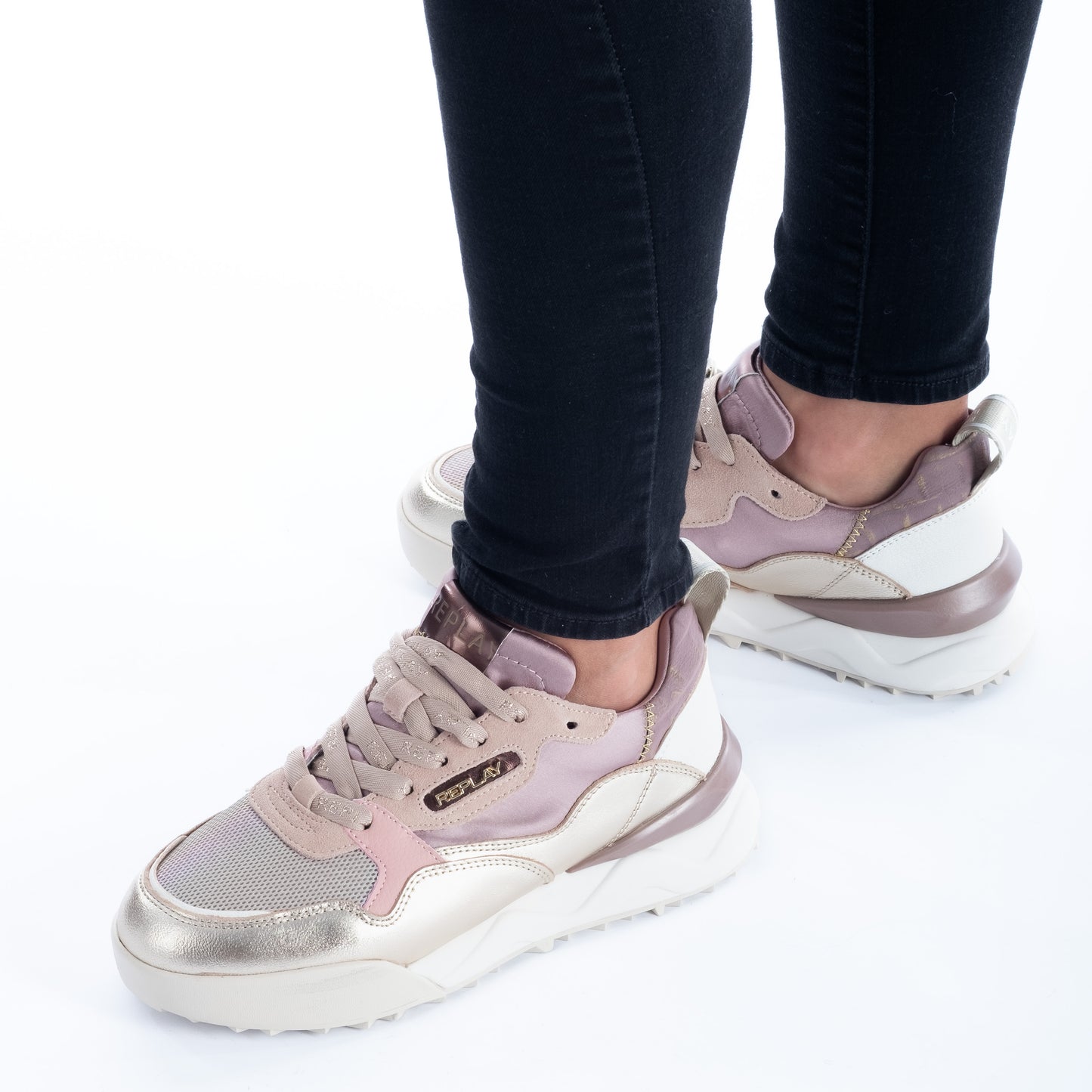 Ténis Mulher Replay Rosa e Dourado com Detalhes Modernos