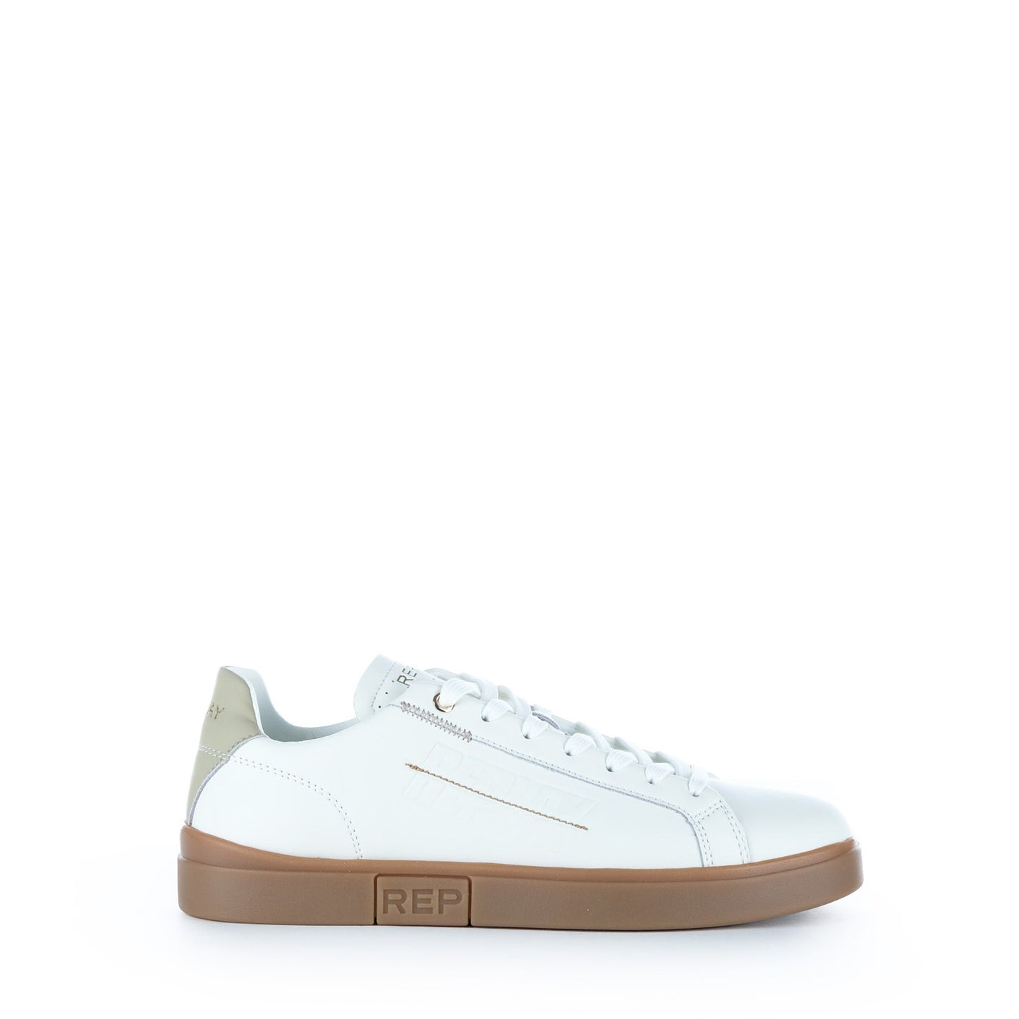 Ténis Homem Replay Branco com Sola Camel e Detalhes Bege