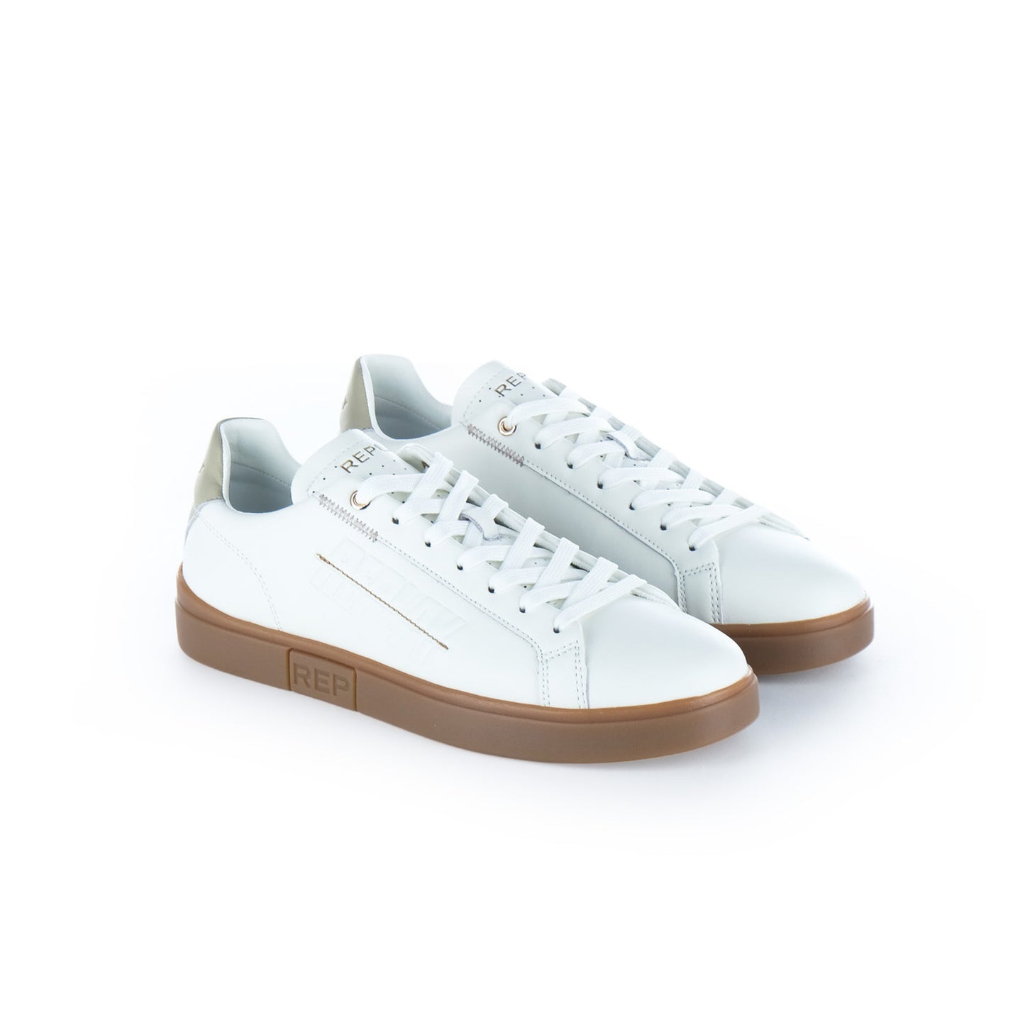 Ténis Homem Replay Branco com Sola Camel e Detalhes Bege