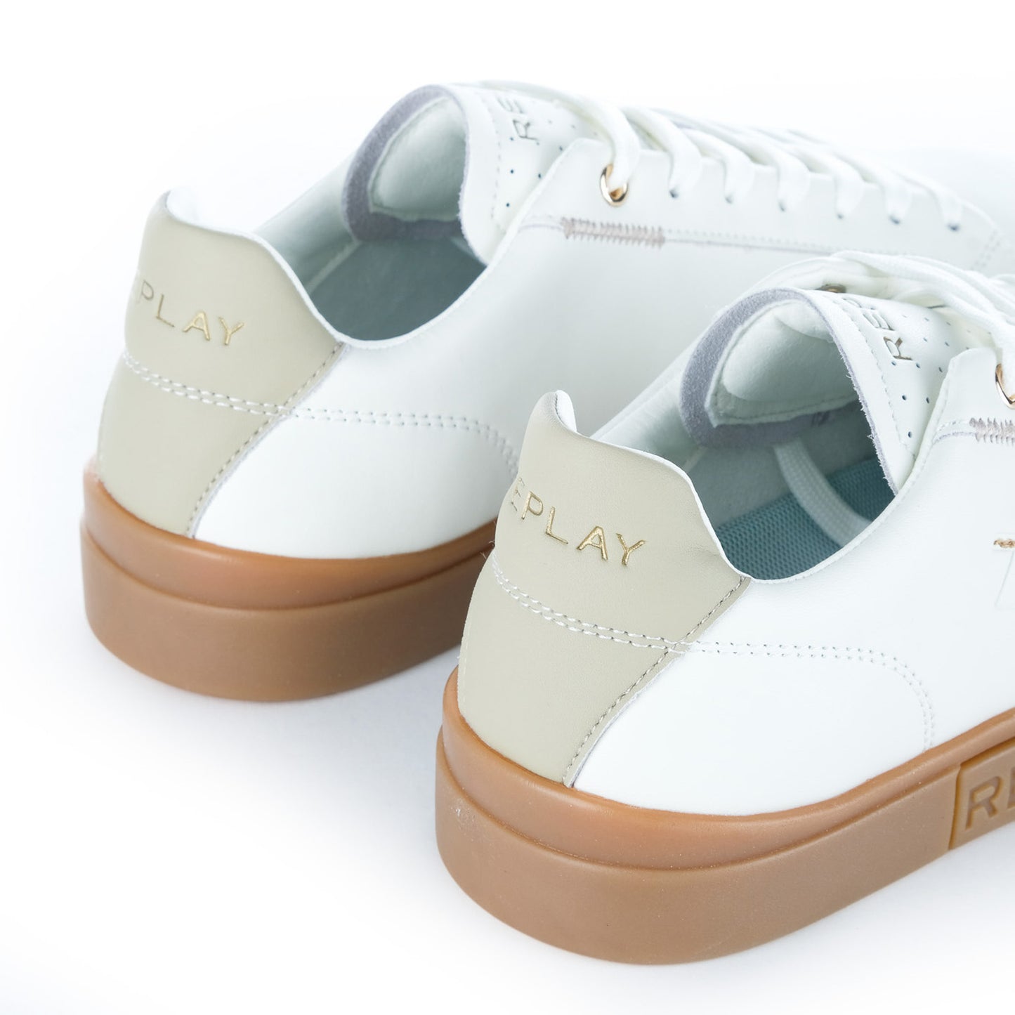 Ténis Homem Replay Branco com Sola Camel e Detalhes Bege